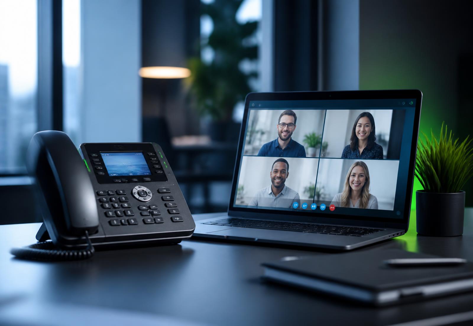 Modern kantoor met VoIP-toestel en videovergadering op laptop